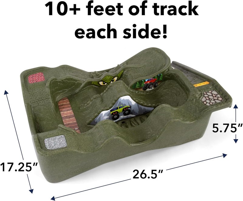 SIMPLAY3 Title: Monster City Extreme Wheels Car Race Track Table - 2 Sided Portable Kids Play Table with 2 Race Trucks - Green - Made in USA - Image 5